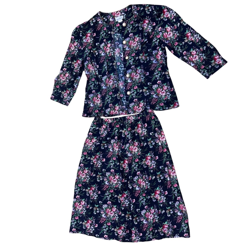 Vintage 80s 90s Good Times Navy Floral Skirt Set Pearl Buttons Size 14 USA - Picture 2 of 13